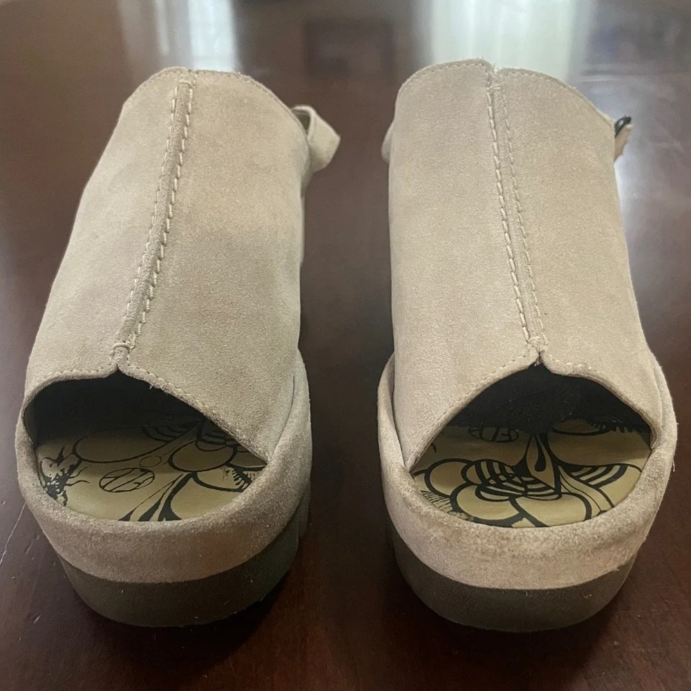 Fly London Suede Platform Slingback Sandals Taupe Grey Peep Toe 500611007 Sz 39